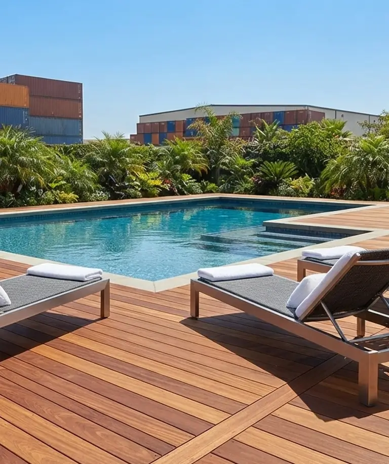 Premium tropical hardwood pool deck surrounding an outdoor swimming pool