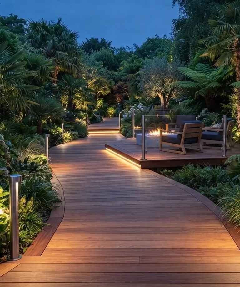 Premium tropical hardwood walkway in an outdoor landscape