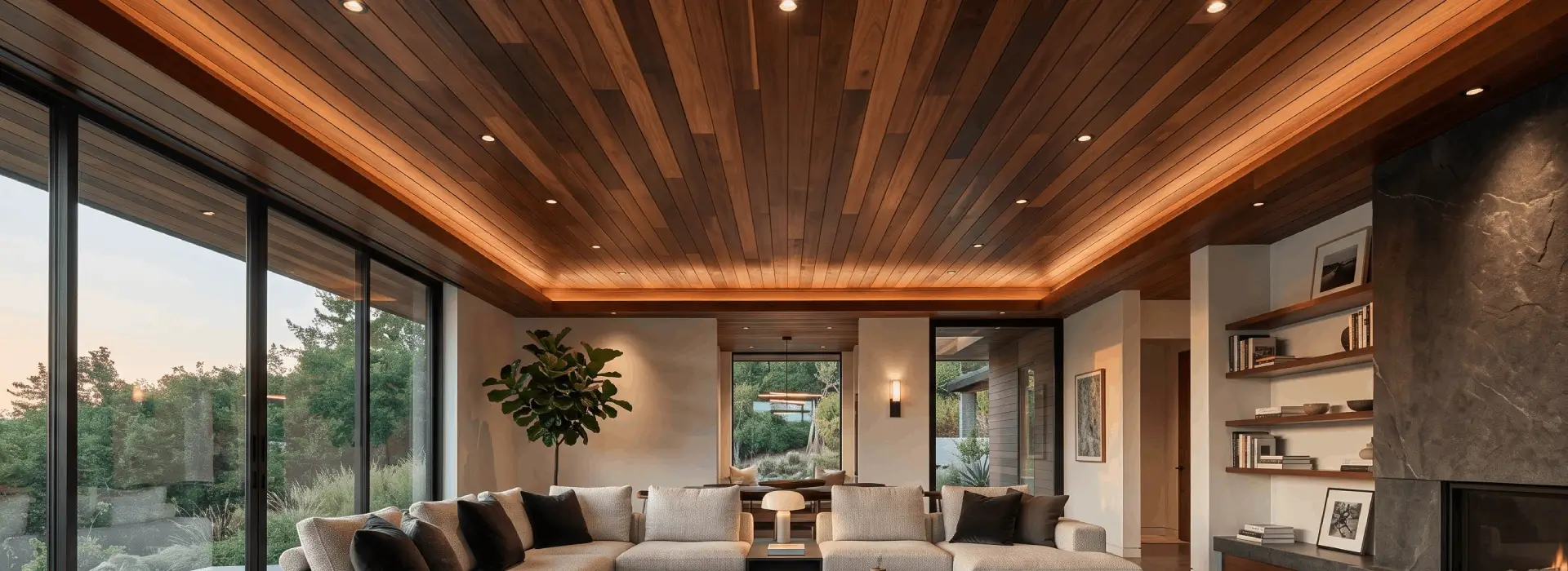Premium Ipe hardwood ceiling boards installed on a covered outdoor ceiling