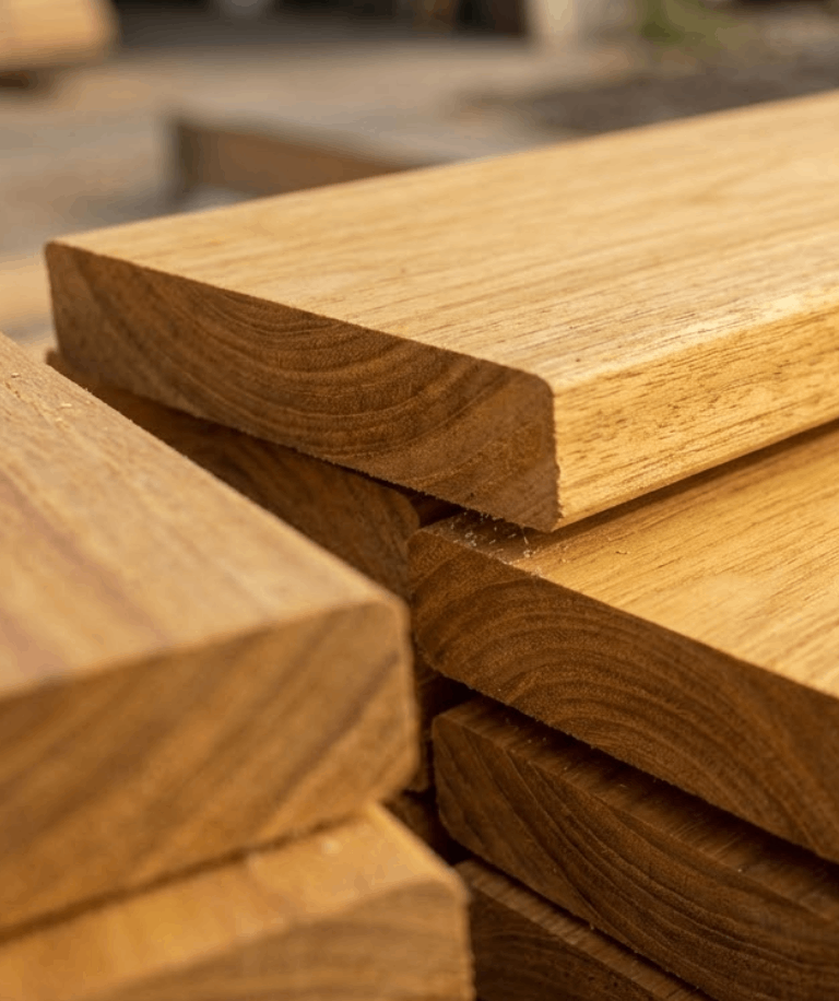 Garapa hardwood lumber showcasing its natural golden color and grain