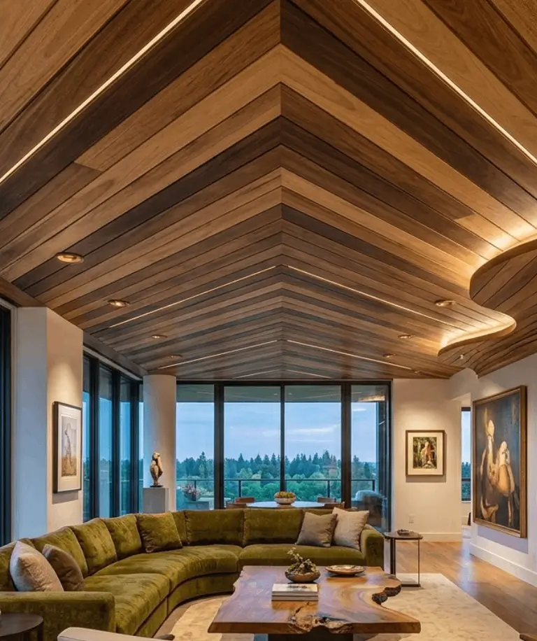 Cumaru hardwood ceiling installed in a covered outdoor living space