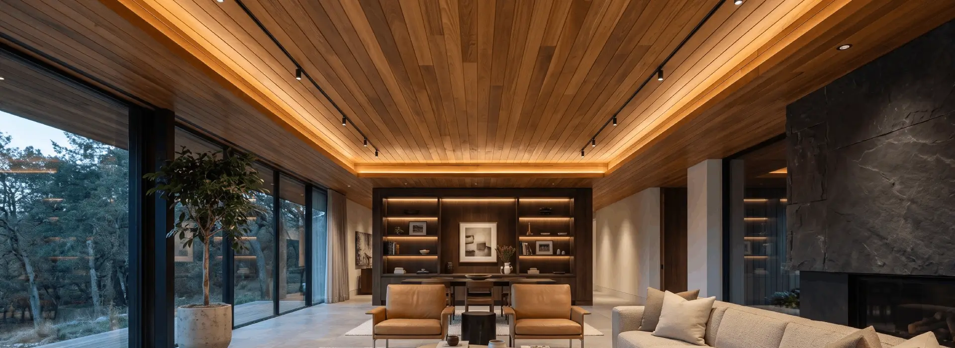 Premium Cumaru hardwood ceiling boards installed on a covered outdoor ceiling
