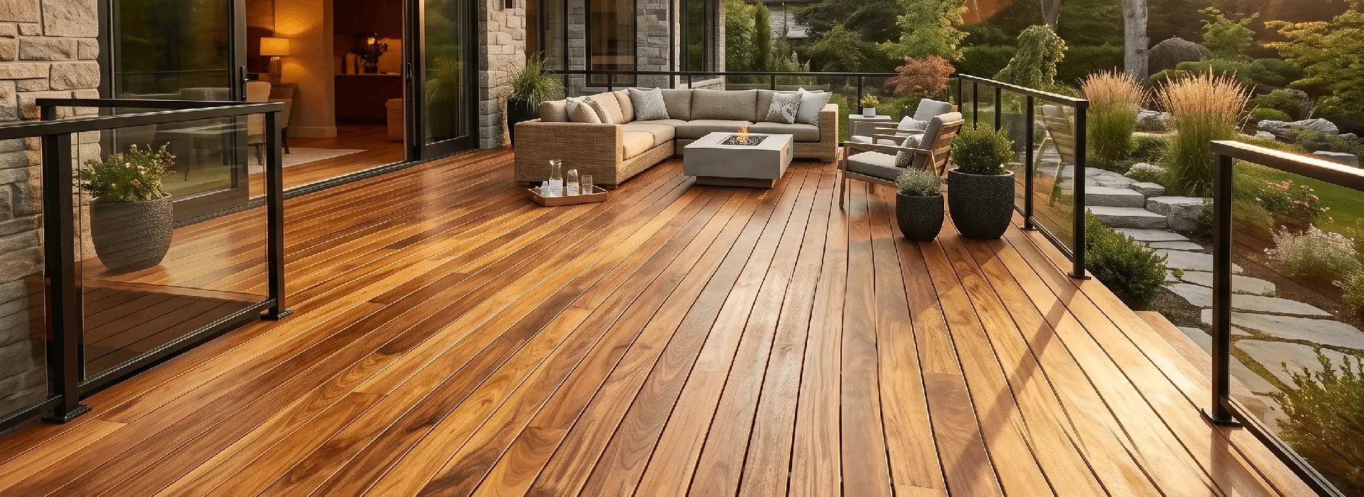 Premium Cumaru hardwood decking boards installed on a modern outdoor deck