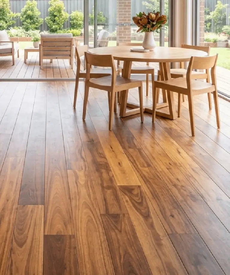 Cumaru hardwood flooring with warm golden-brown tones and natural grain patterns