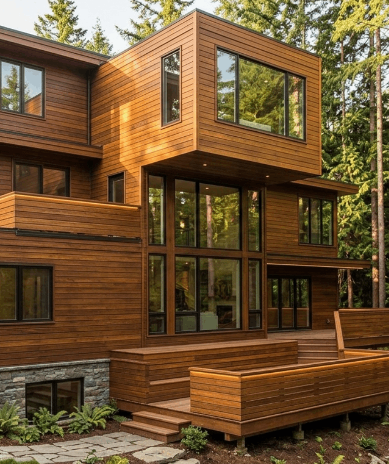 Cumaru rainscreen siding installed on a modern exterior building facade