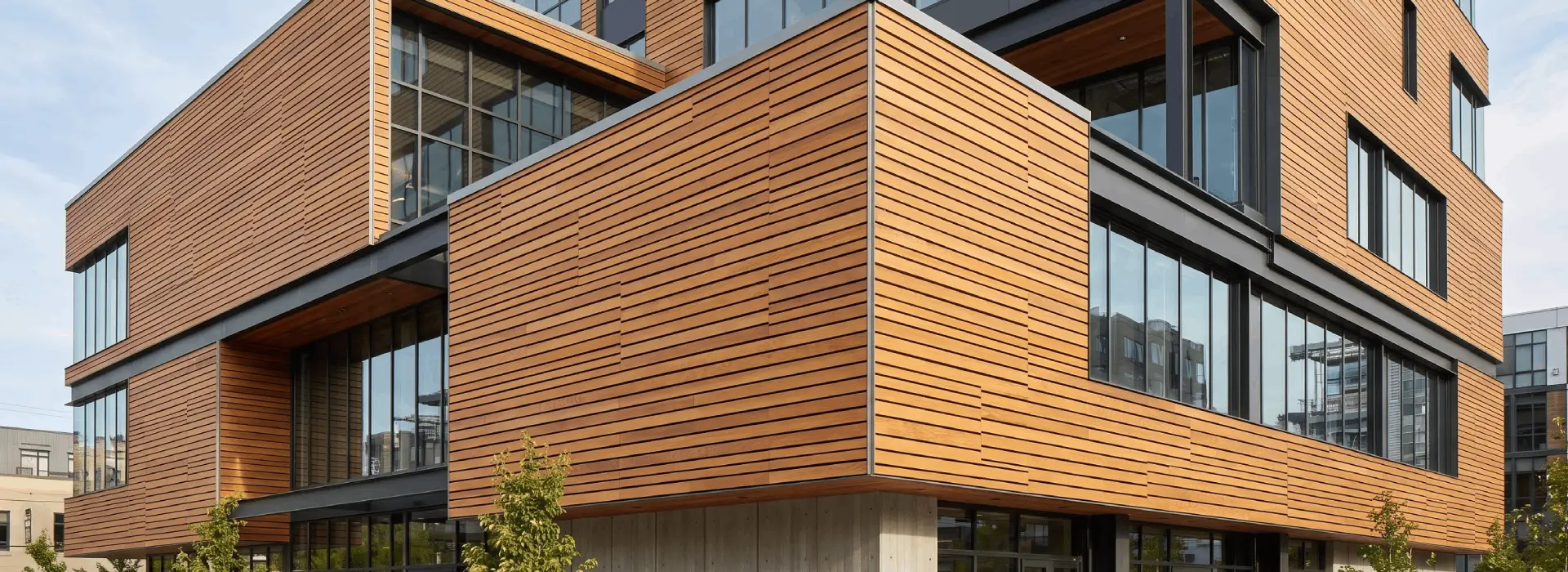 Premium Cumaru rainscreen siding installed on a modern exterior building facade