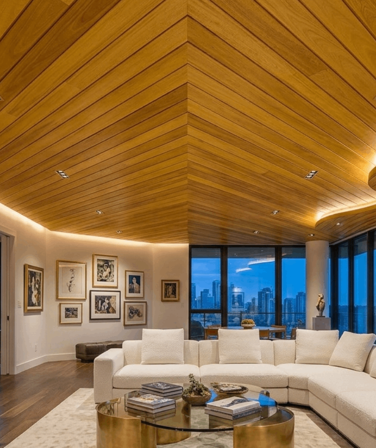 Garapa hardwood ceiling boards installed on a covered outdoor porch