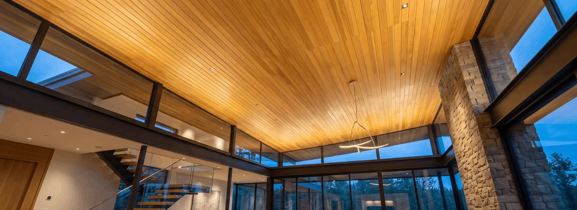 Garapa hardwood ceiling boards installed on an exterior porch ceiling