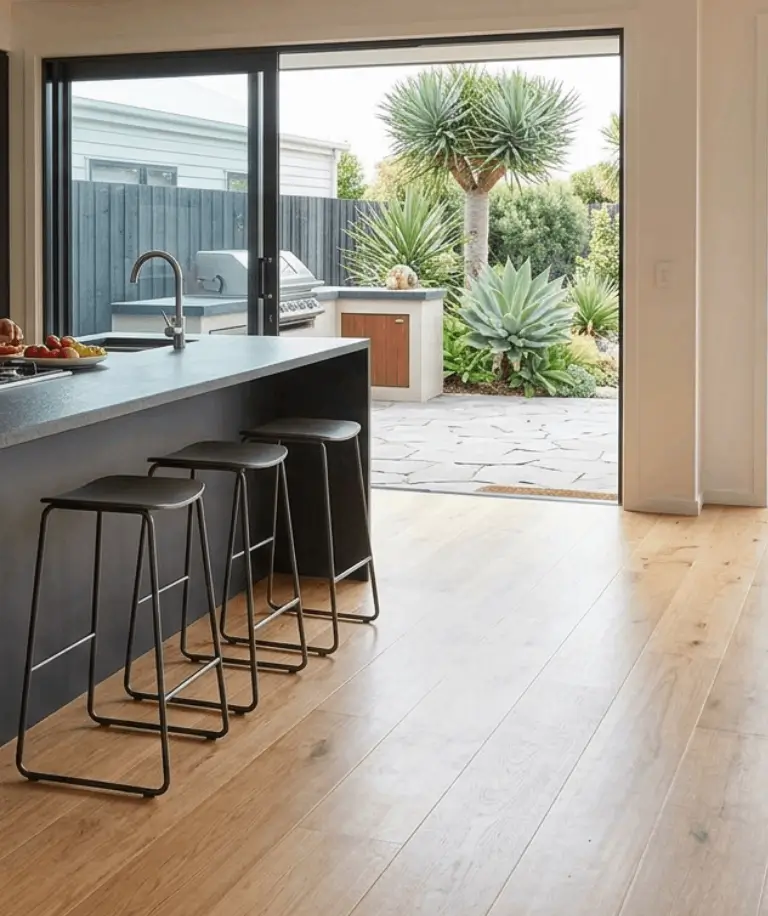 Garapa hardwood flooring used in a warm modern interior