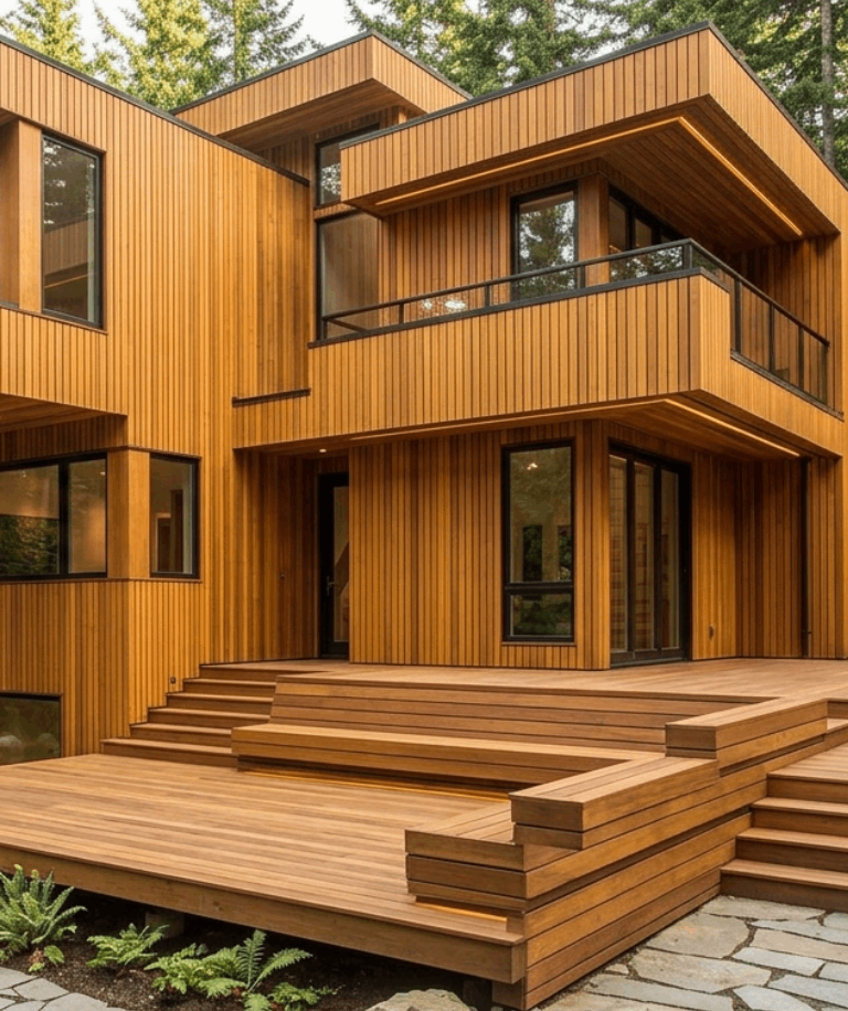 Garapa rainscreen siding installed on a modern exterior building facade