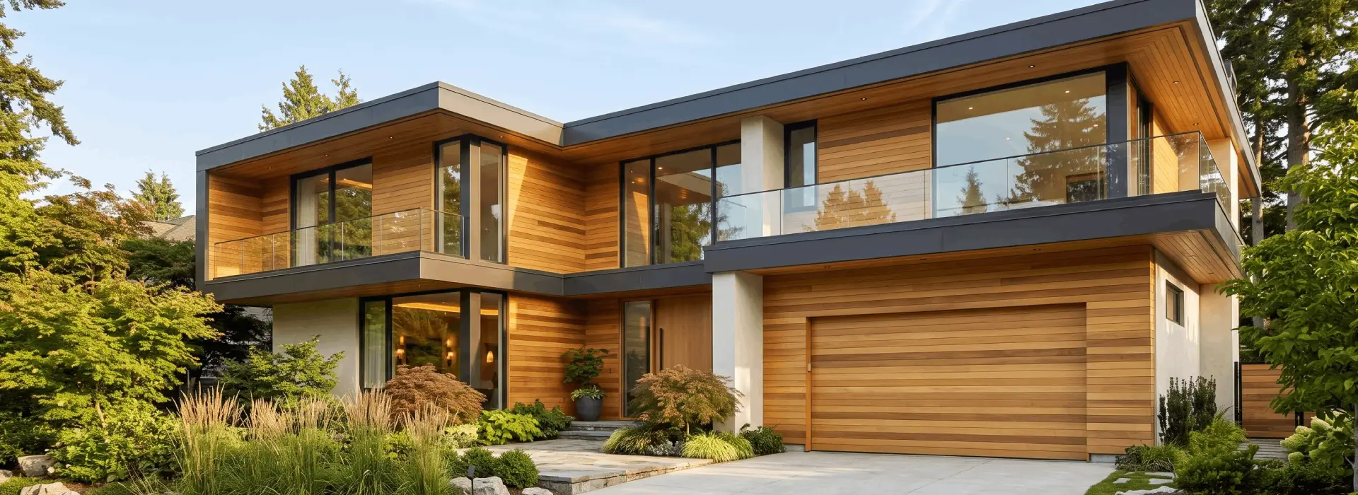 Garapa hardwood siding installed on a modern residential exterior