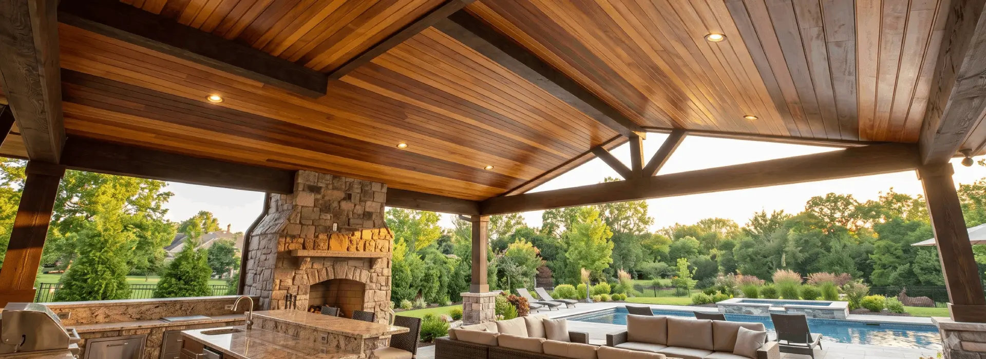 Premium hardwood ceiling boards installed on a covered outdoor patio ceiling with a natural wood finish.