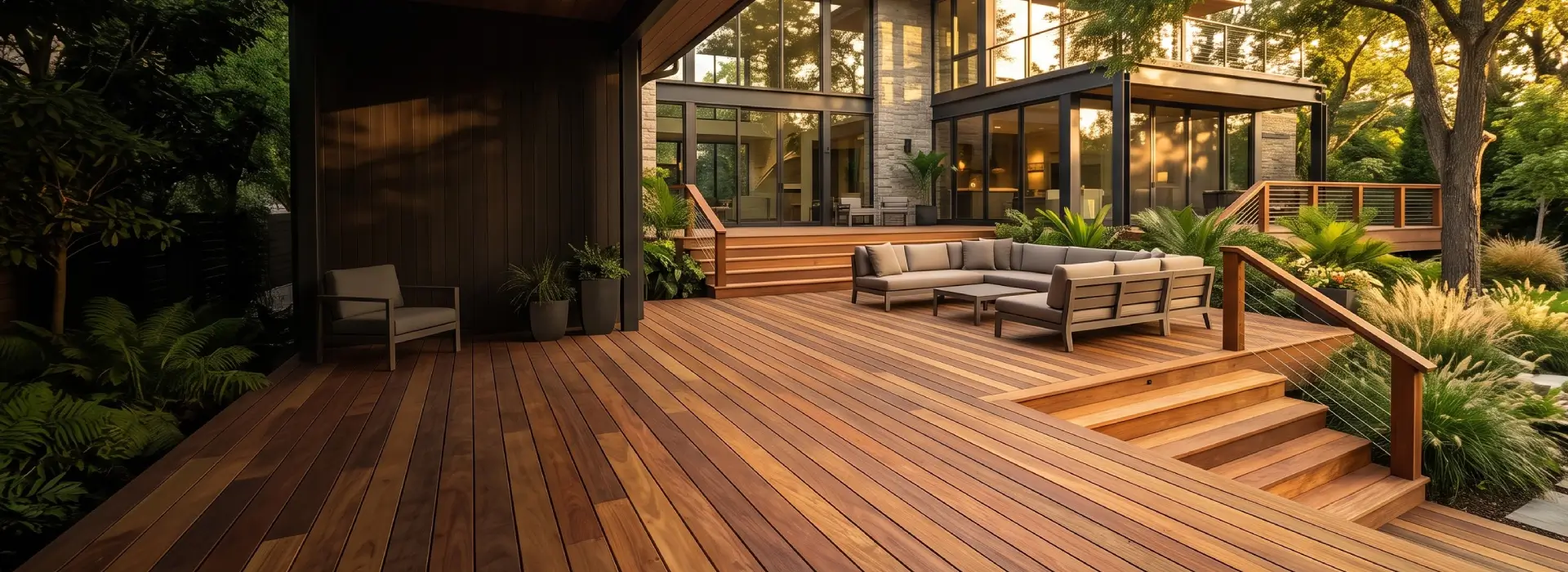 Premium tropical hardwood decking with natural wood grain in an outdoor living space