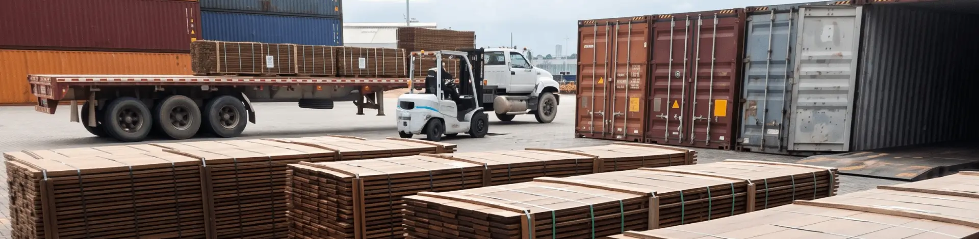Bundled tropical hardwood lumber prepared for shipping and delivery to construction projects