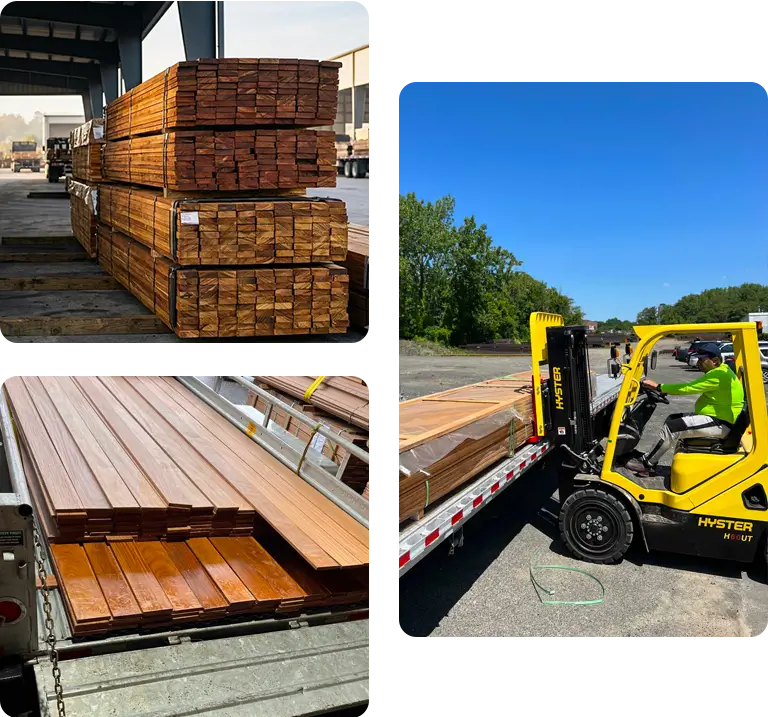 Organized bundles of hardwood decking boards secured for safe transportation