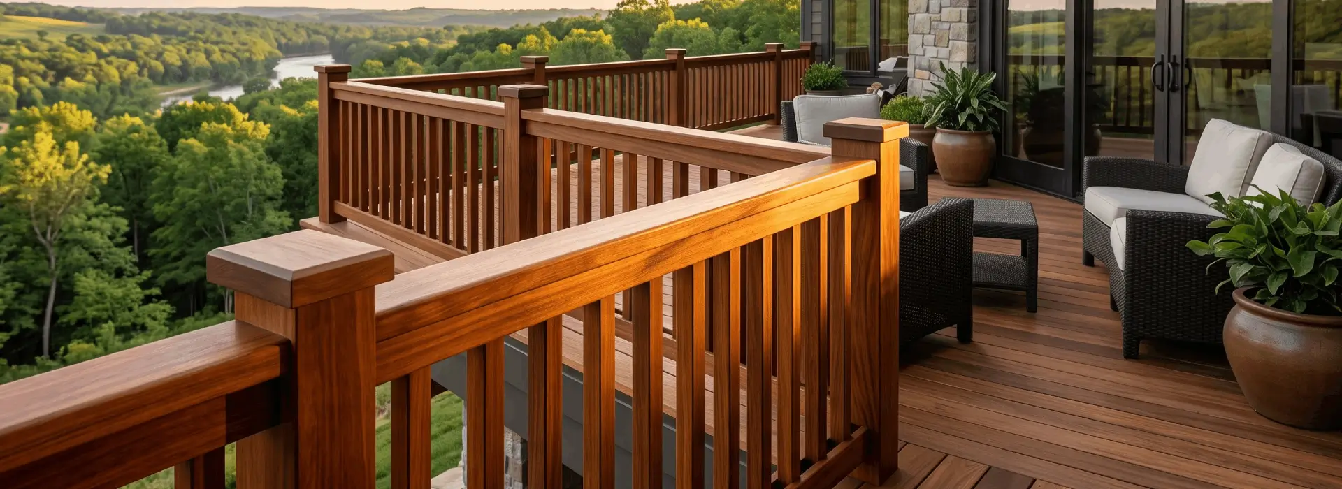 Premium hardwood railing components for decks, porches, and balconies