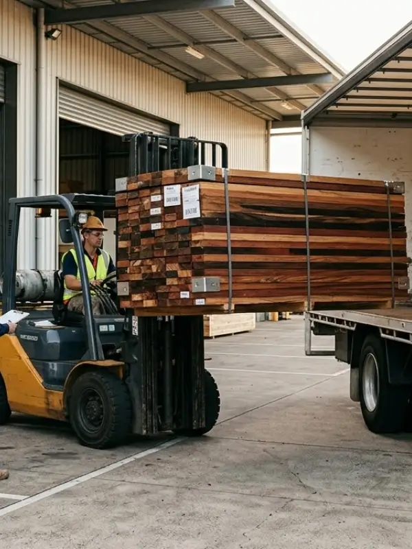 Hardwood lumber shipment prepared for customer delivery and shipping assistance