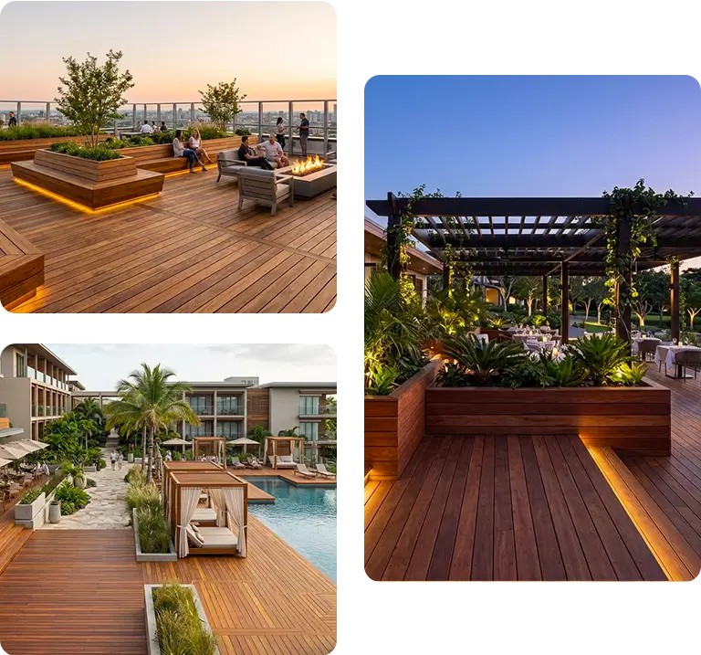 Tropical hardwood used in commercial and architectural outdoor spaces