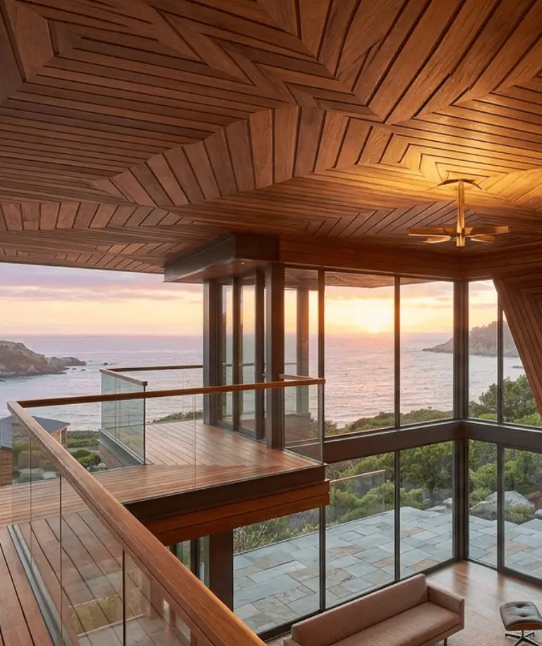 Ipe hardwood ceiling installed on a covered outdoor patio