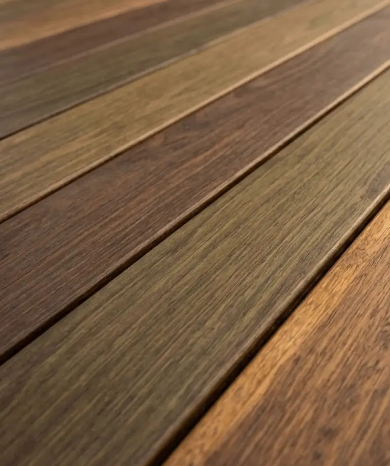 Natural grain patterns and rich color variations of Ipe, Cumaru, Garapa, and Red Balau Mahogany hardwood