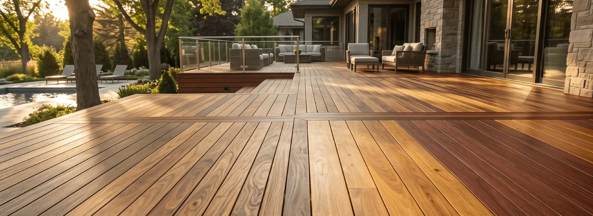 Premium hardwood decking in an outdoor residential setting by Amazon Hardwoods