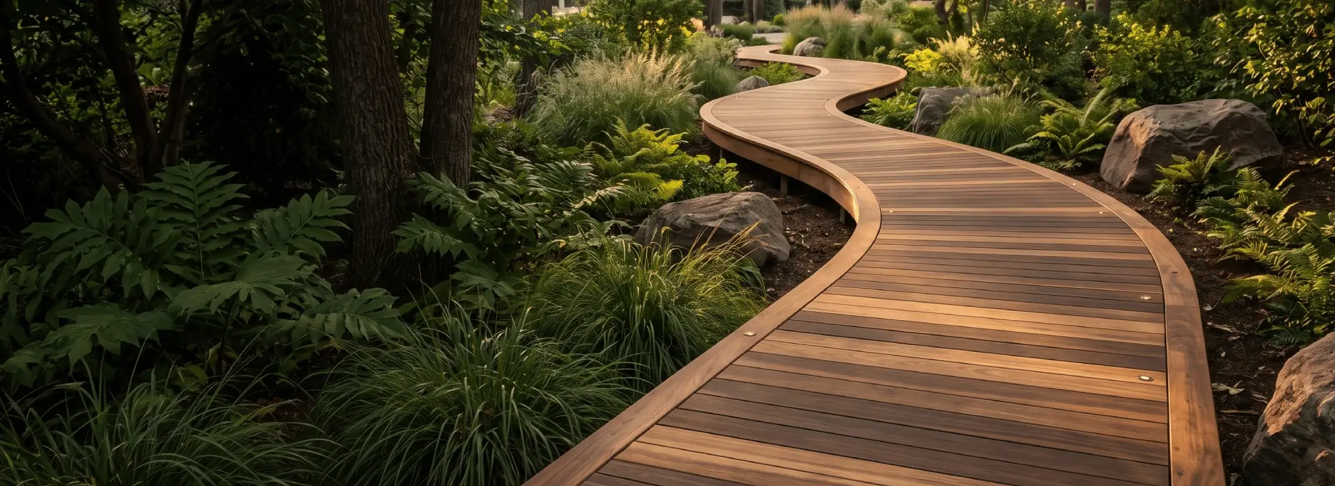Premium hardwood walkway through an outdoor landscape