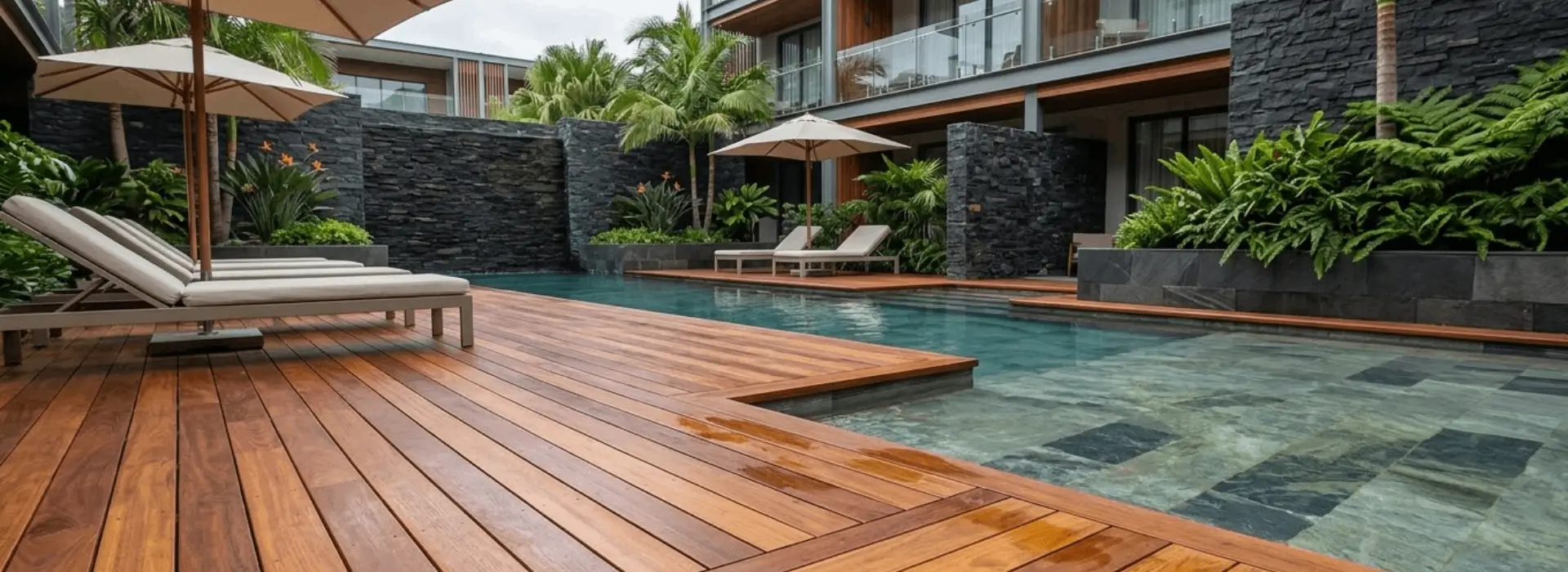 Premium hardwood pool deck for outdoor living