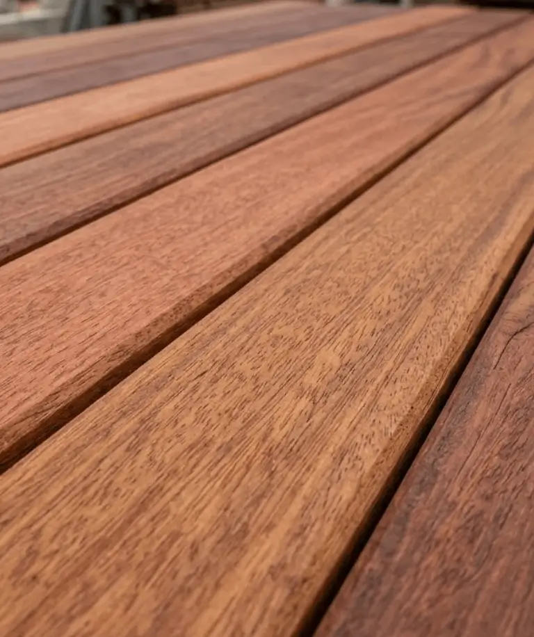 Red Balau (Batu) hardwood boards showing natural reddish-brown tones and wood grain