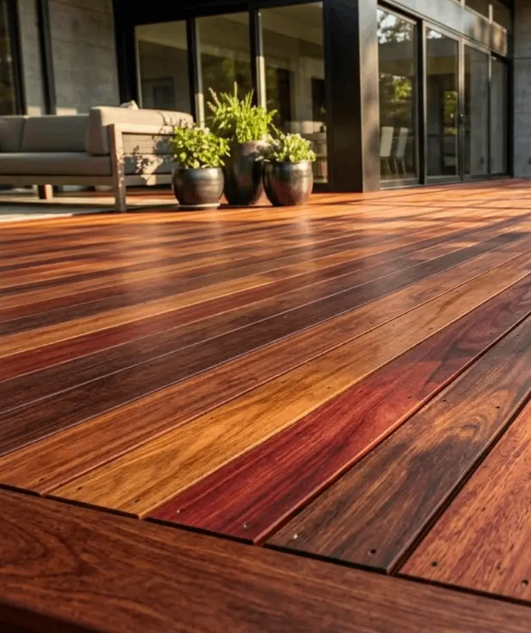 Close-up of Red Balau (Batu) hardwood grain and natural reddish-brown color variations