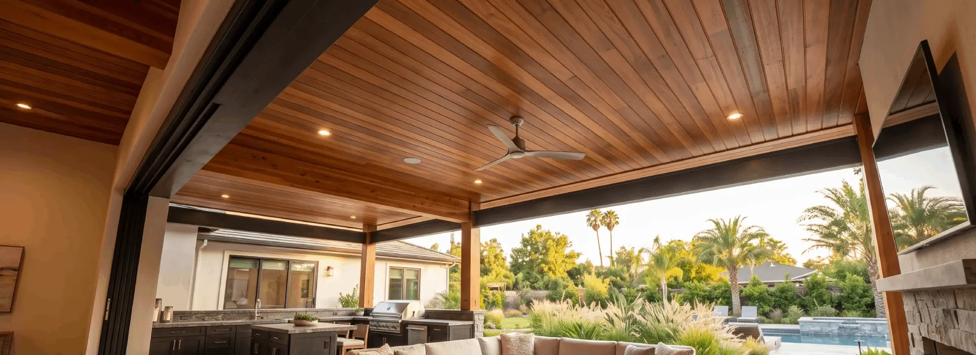 Red Balau Mahogany hardwood ceiling with rich reddish-brown grain
