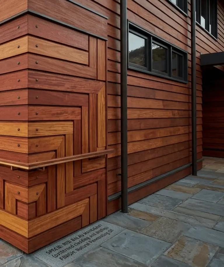 Red Balau Mahogany siding used on a modern exterior wall