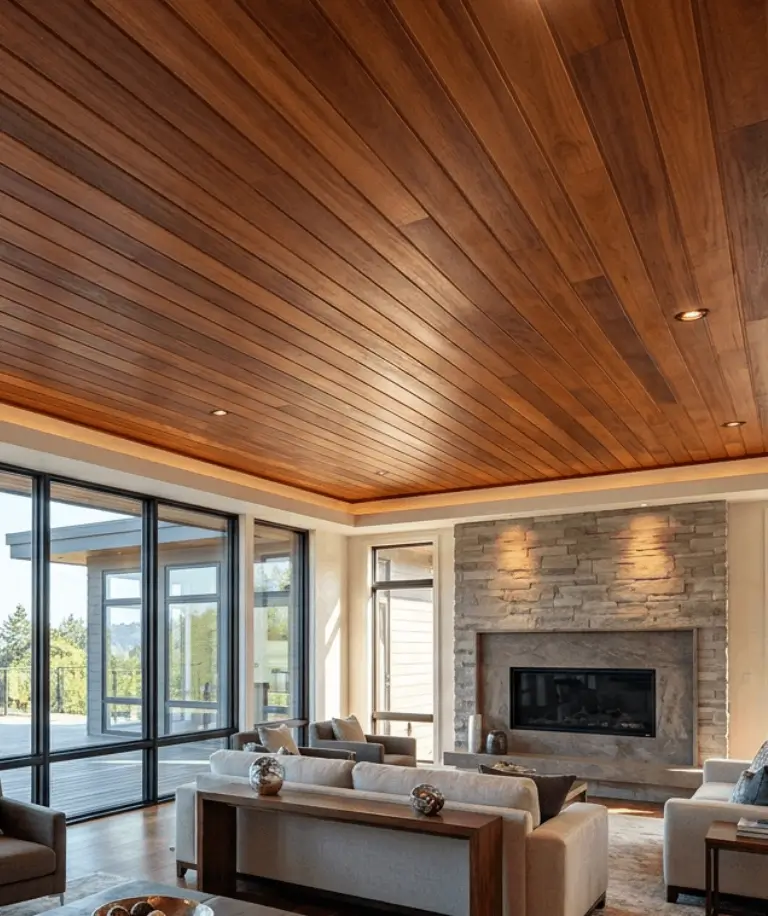 Red Balau Mahogany hardwood ceiling boards for exterior spaces