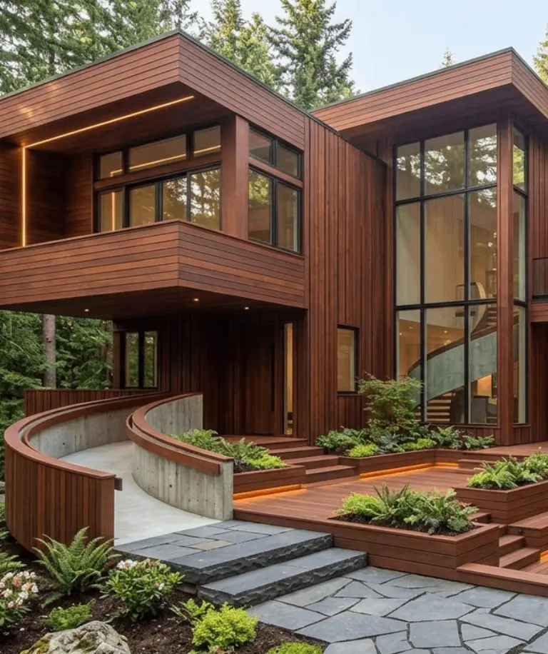 Red Balau Mahogany rainscreen siding installed on a modern exterior facade