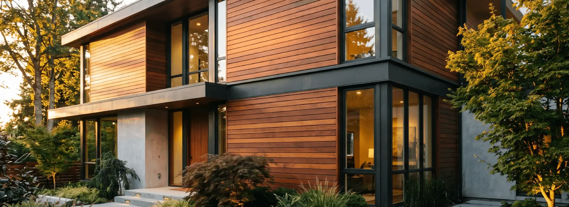 Red Balau rainscreen siding installed on a modern exterior facade