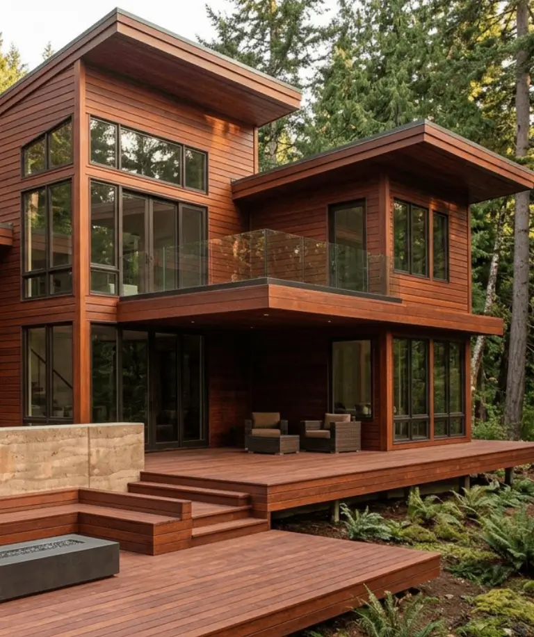 Red Balau Mahogany T&G V45 hardwood installed on an exterior ceiling