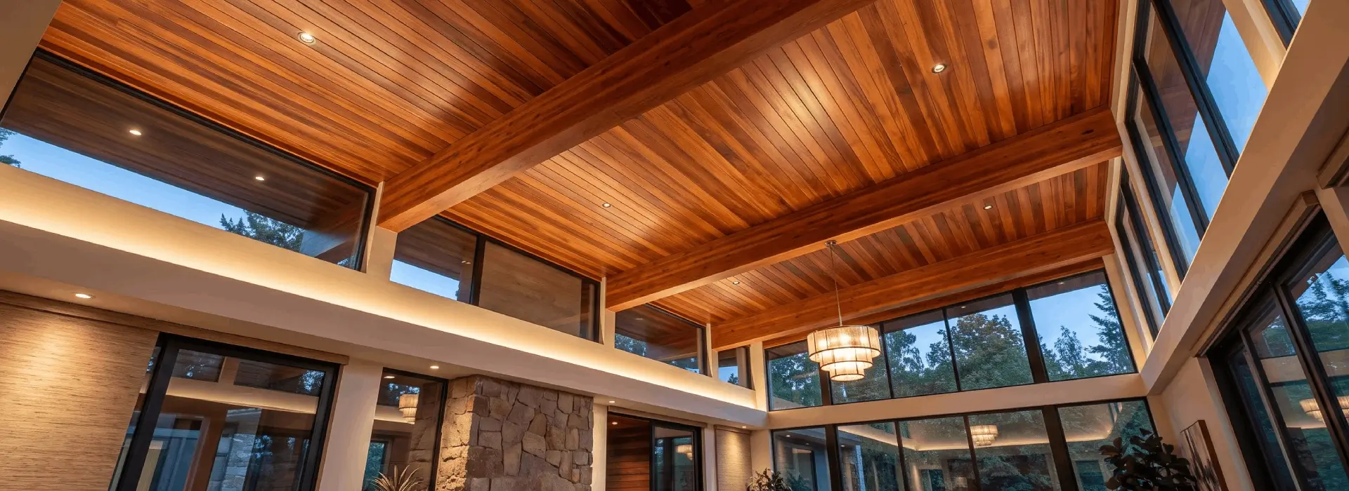 Red Balau tongue and groove boards for exterior ceiling installation