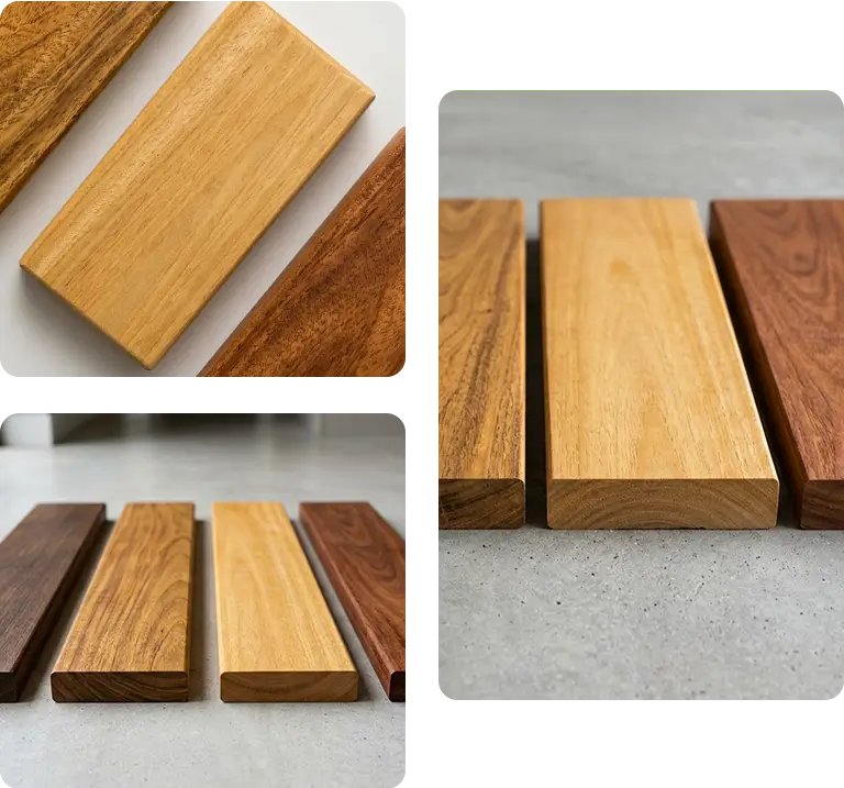 Four tropical hardwood species showing different natural colors and grain patterns for outdoor projects