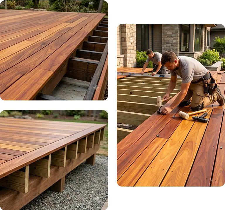 Proper hardwood decking installation showing aligned boards and consistent spacing for exterior projects.